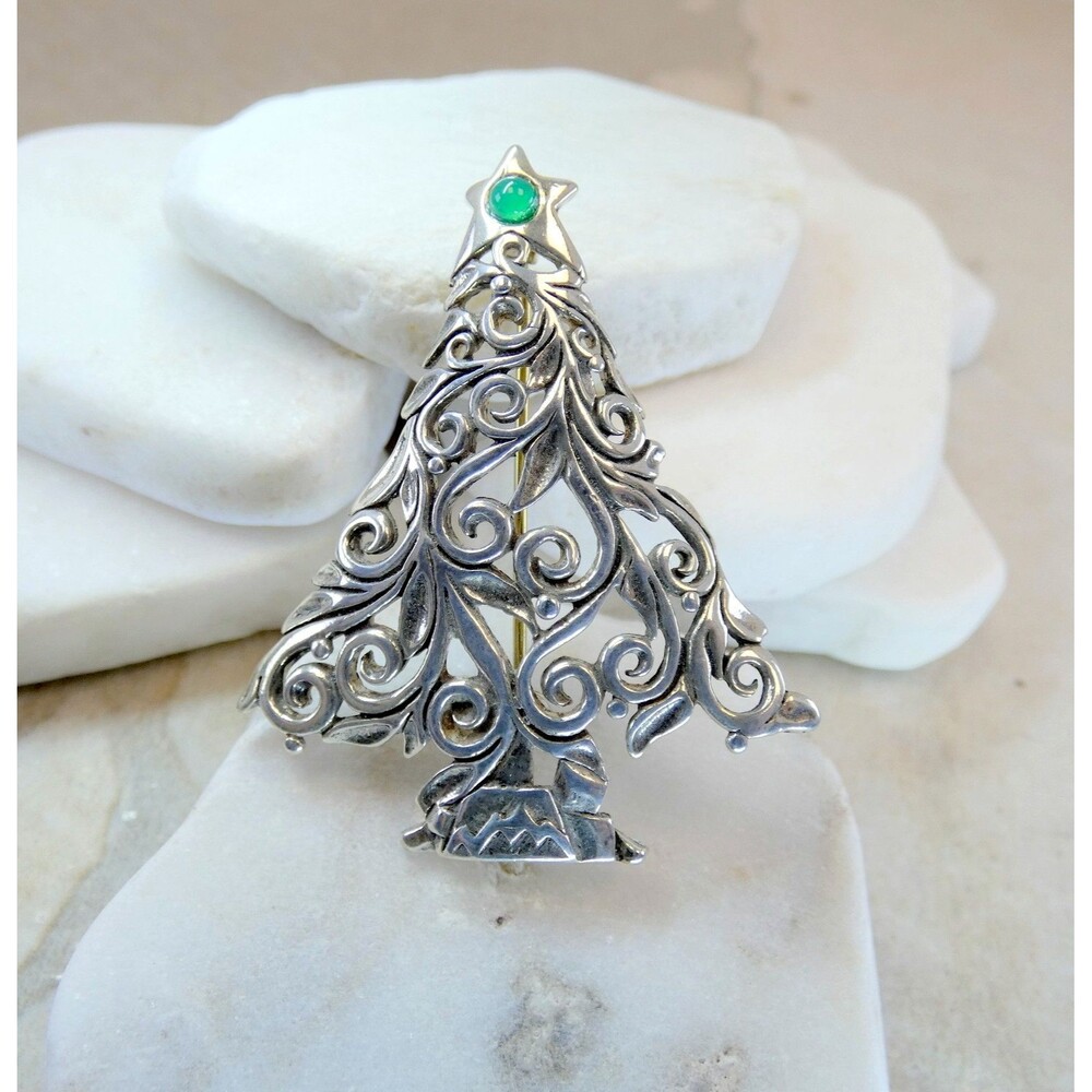 Jezlaine 925 Sterling Silver Christmas Tree Green Onyx Star Brooch Pin Xmas